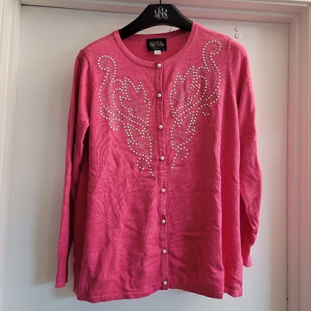 Bob Mackie wearable art pink cardigan with pearls and rhinestones
